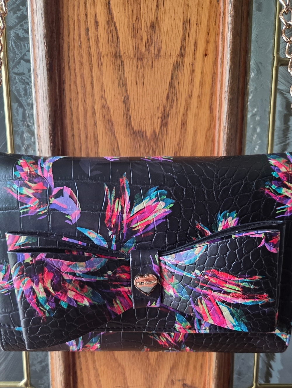 Betsey Johnson Dani Black Clutch/Crossbody with Birds of Paradise Print